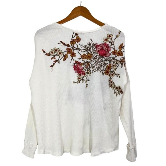 Sundance Embroidered Floral Thermal Top Boho Waffle Knit Ivory Long Sleeve Sz M - Picture 5 of 8